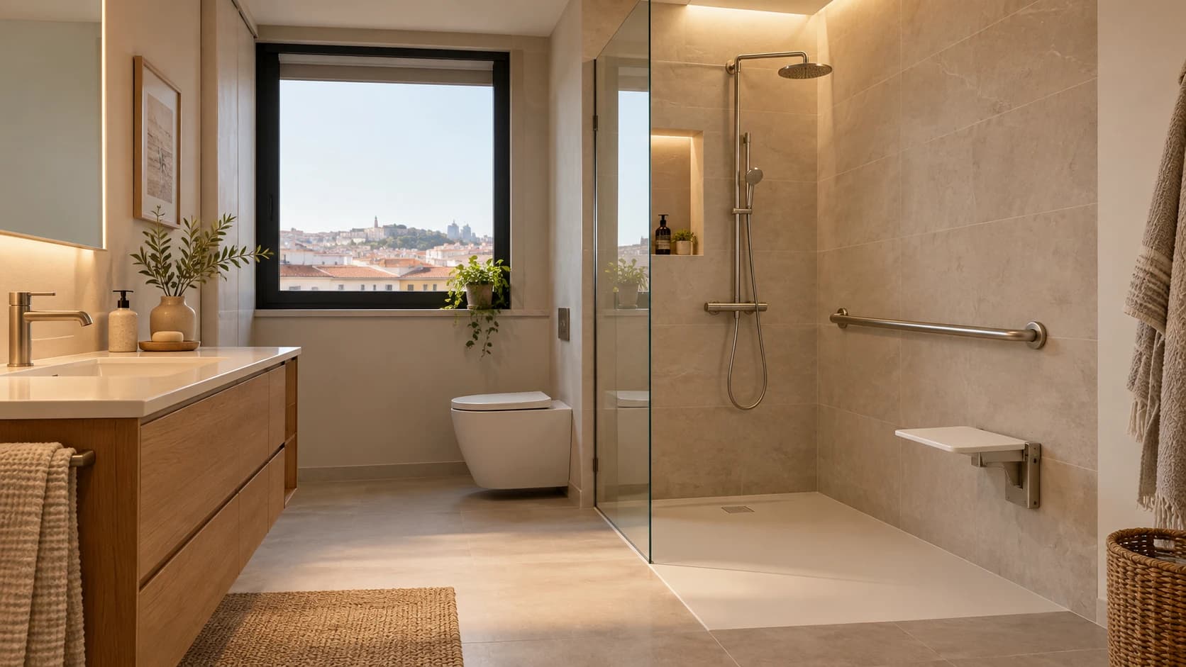 Casa de banho adaptada com duche de baixo acesso e barra de apoio