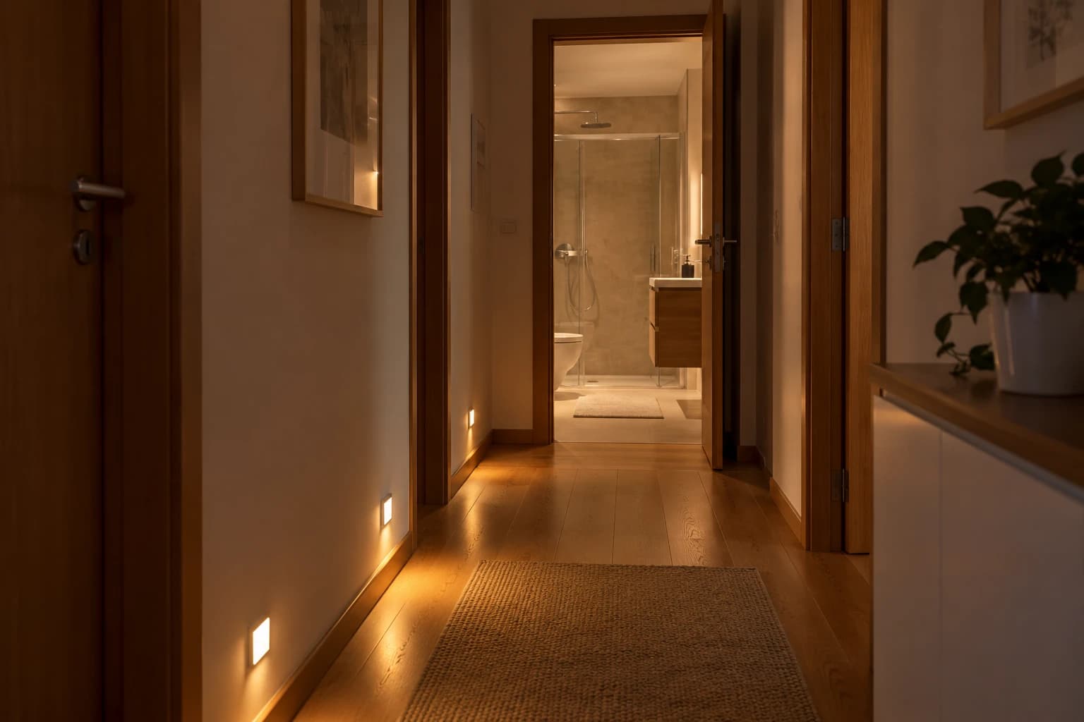 Iluminação de presença num corredor residencial