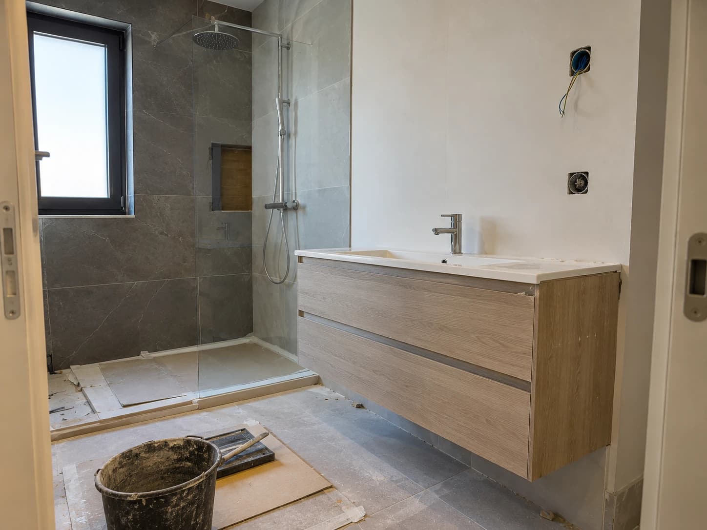Casa de banho em remodelação com base de duche e móvel instalados e acabamentos por concluir