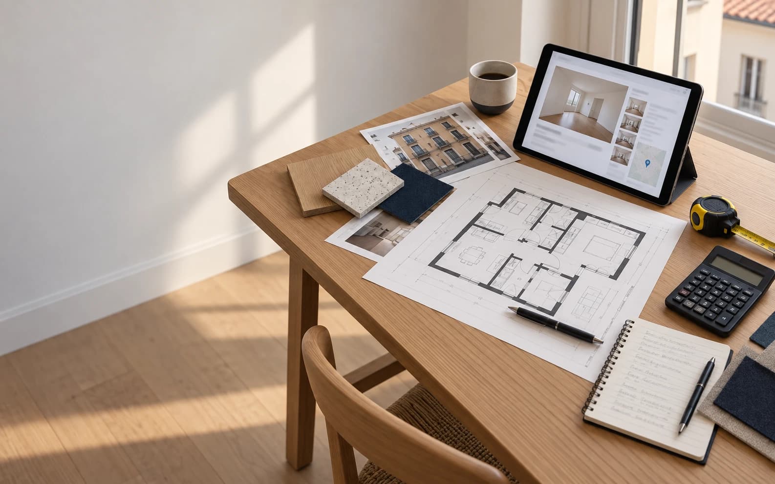 Mesa de trabalho com planta de um imóvel, tablet com anúncio imobiliário e materiais de análise de remodelação