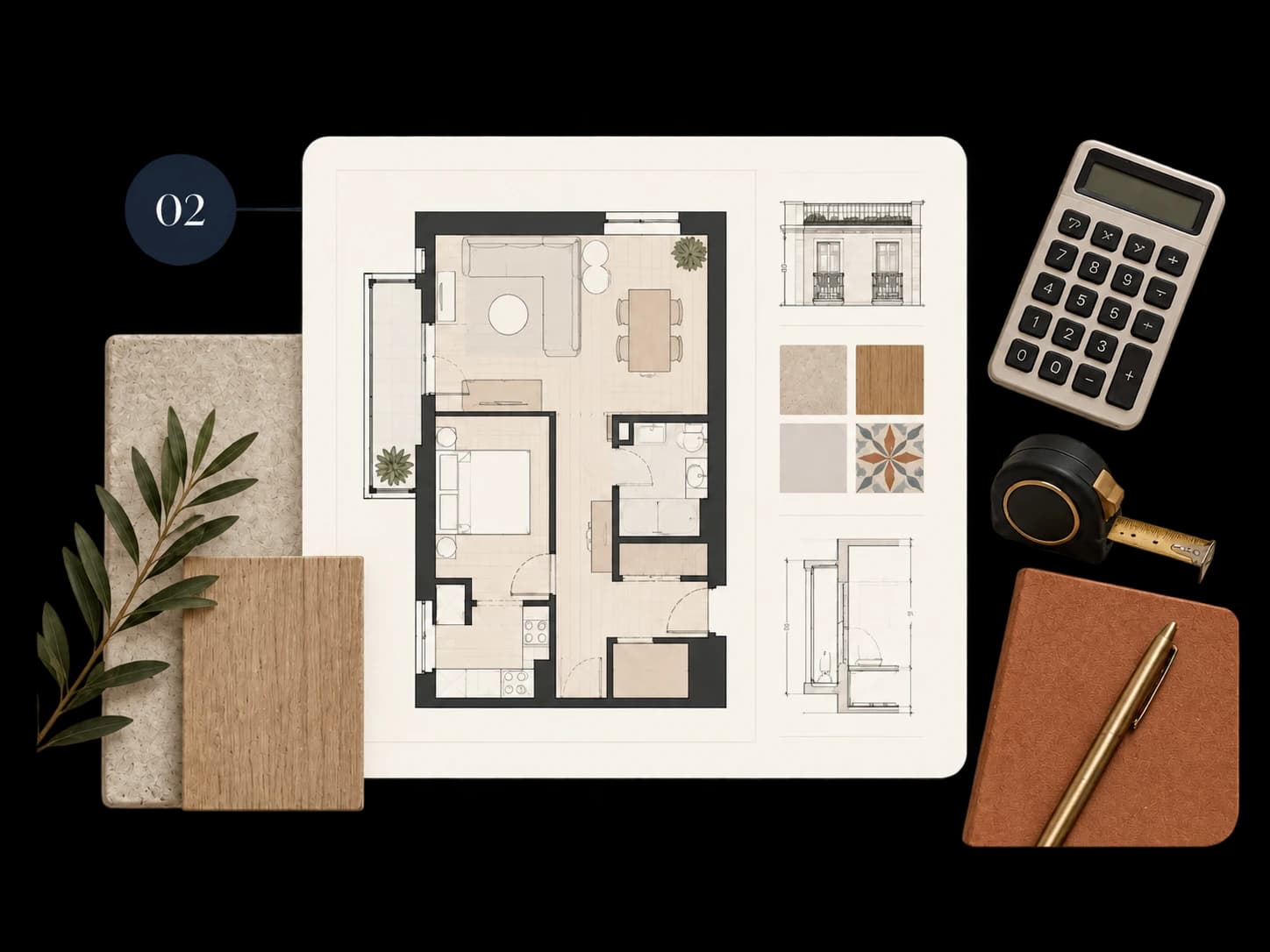 Planta de um apartamento com amostras de materiais usada na leitura preliminar