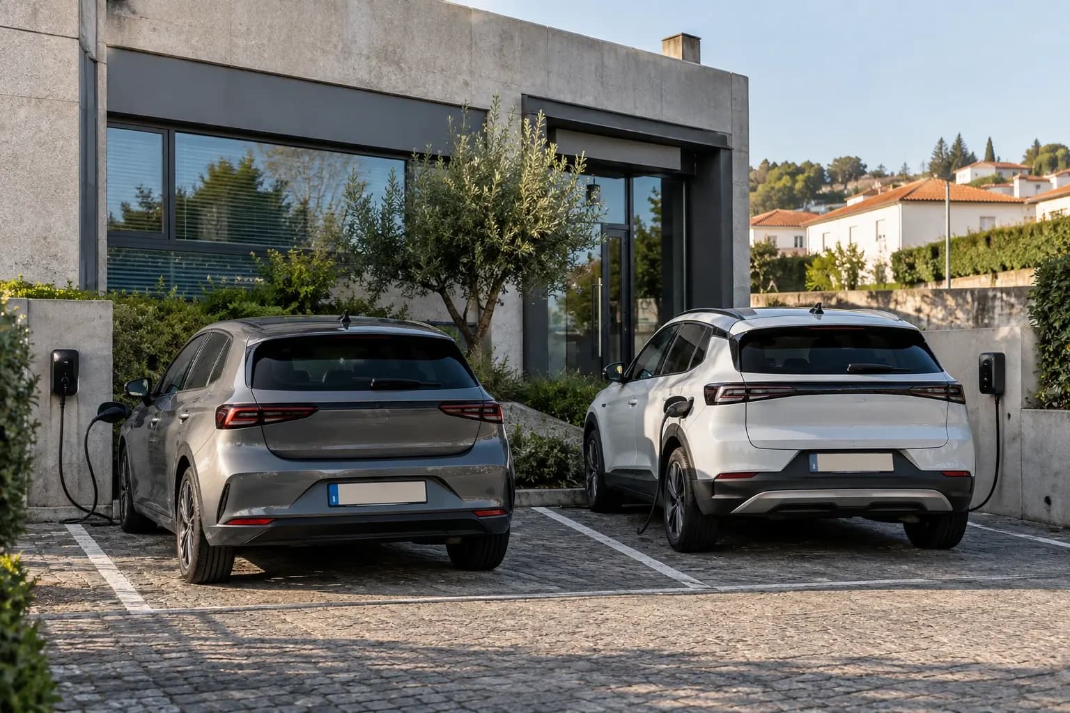 Carregadores para veículos elétricos num estacionamento de empresa