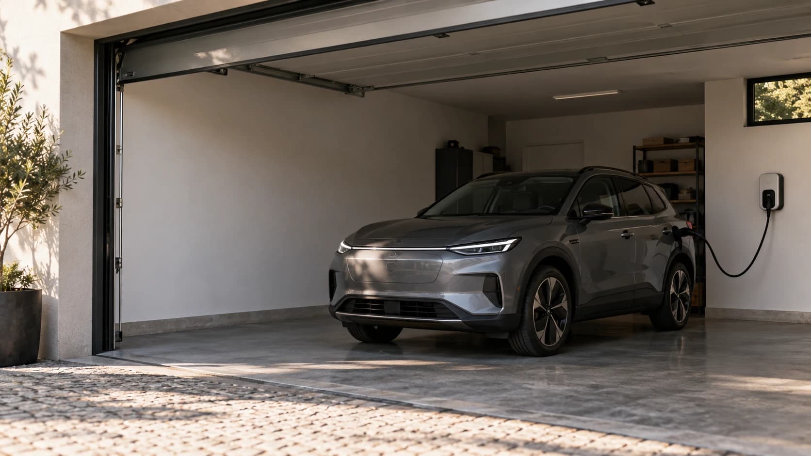 Carregador para veículo elétrico instalado numa garagem residencial